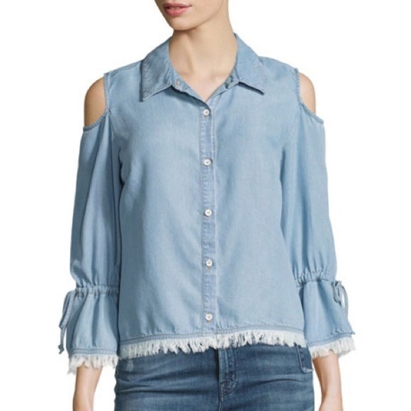 Splendid cold shoulders button down shirt blue chambray denim frayed edges M - Picture 2 of 14